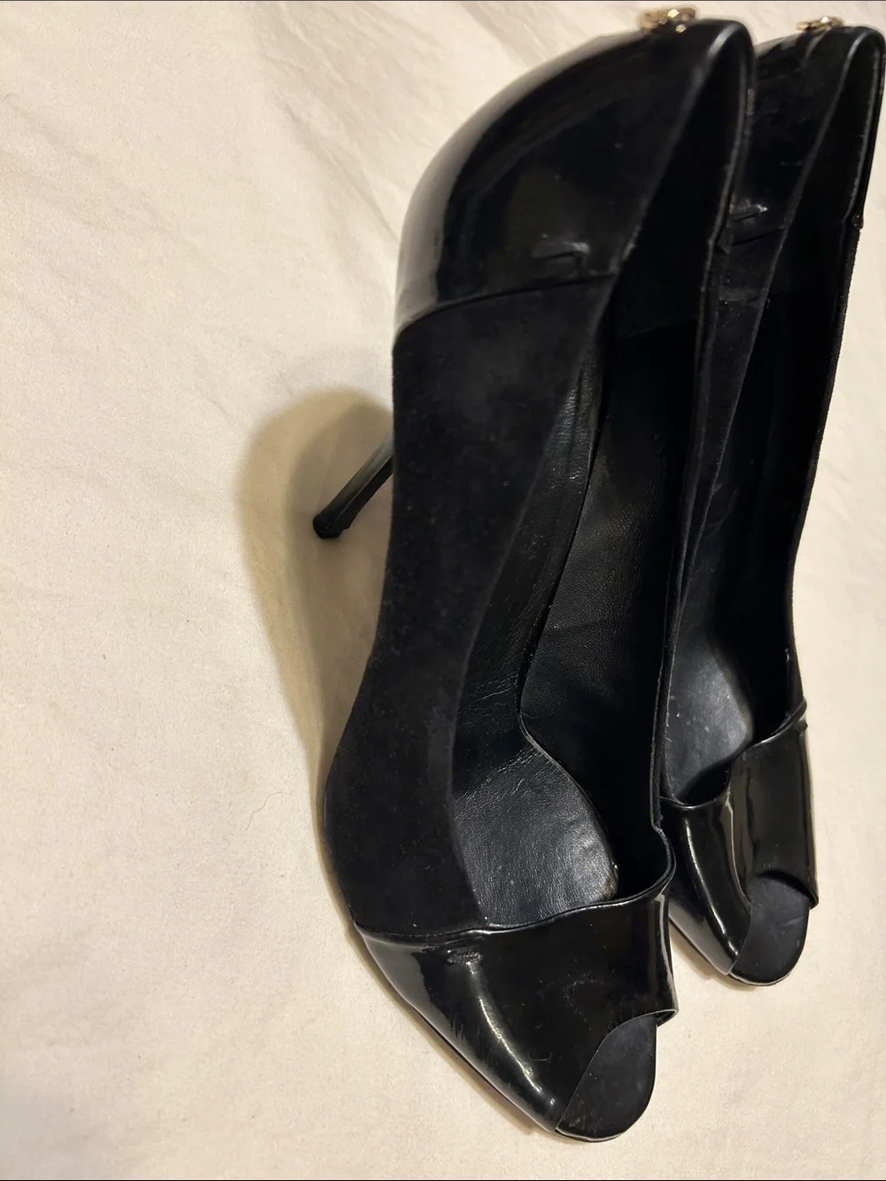 Gucci Black Patent & Suede Peep-Toe Heels